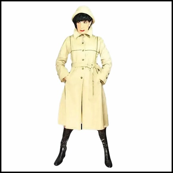 MOD Vintage Khaki Trench Coat Geometric Lines Raincoat VFG, Unique Styling - Picture 4 of 14